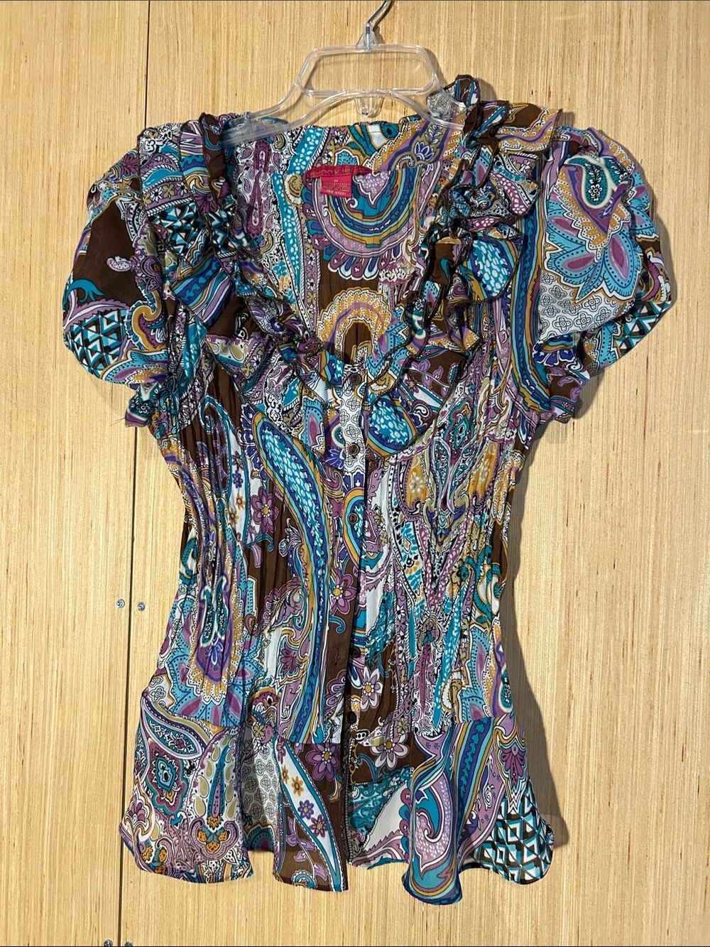 Sunny Leigh Brown Paisley Ruffle V-Neck Blouse with Turquoise and Purple Accents